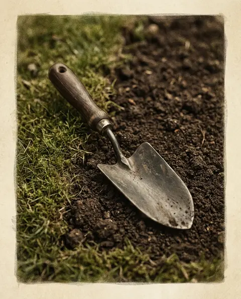A hand trowel resting on turned soil next to trimmed turf.