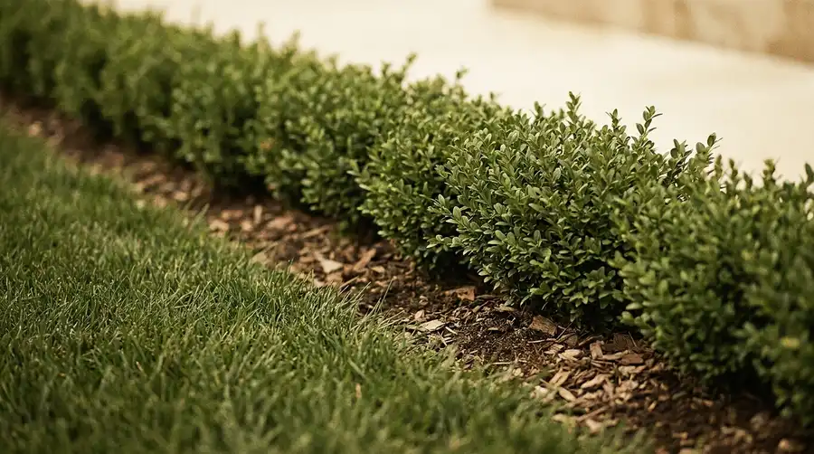 Wide view of an open lawn edge meeting a low hedge line.